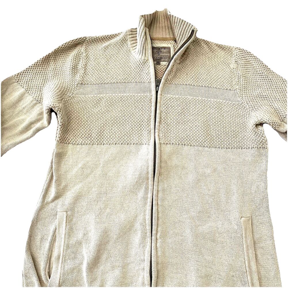 Guess Beige Full-Zip Cable Knit Cardigan Sweater Cotton Mens M Nautical Academia